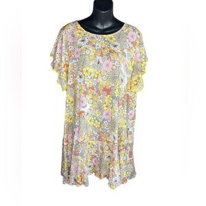 Uncle Frank yellow flowy floral dress statement sleeves lightweight sz XL used